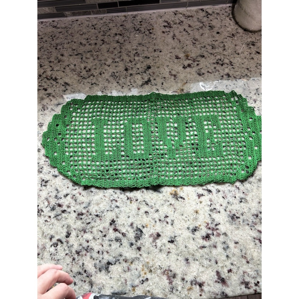 Handmade Vintage Green Filet Crochet Word Doily Love